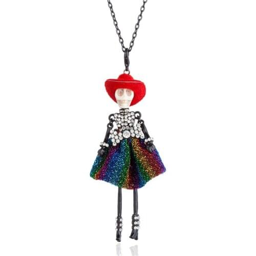 Rhinestone Bowtie Yarn Dress Skull Doll Pendant Neclace Long Chain Hat Girl Choker Necklaces For Women Halloween Party Jewelry