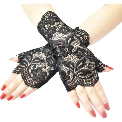 Women Wedding Party Sexy Sheer Mesh Fingerless Gloves Embroidery Jacquard Floral Lace Shiny Sunscreen Driving Mittens
