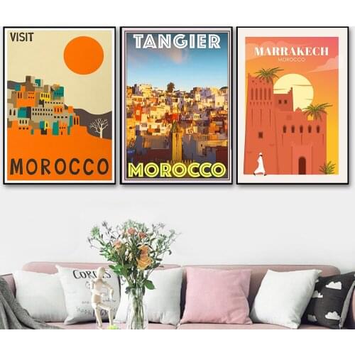 Chefchaouen Morocco Travel Posters and PrintsDusk Landscape Canvas Painting Retro Wall Pictures for Living Room Home Decoration