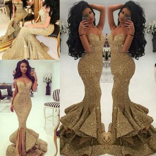 Gold Sequins Prom Dress Sexy Mermaid Spaghetti Straps Special Occasion Dress Party Gown