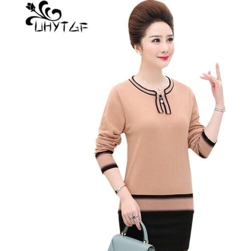 UHYTGF Autumn winter sweater womens long-sleeved knitted pullover elastic sweater female elegant mom plus size tops coats 818