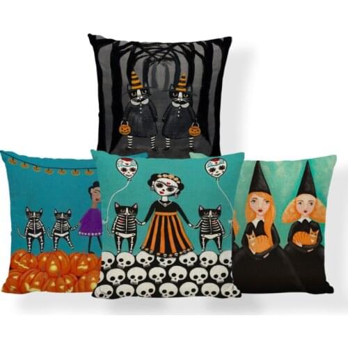 Horror Cute Pillowcase Black Skull Pumpkin Cat Cartoon Square Throw Pillow Home Decoration Polyester Linen 45*45Cm Cushion Cover