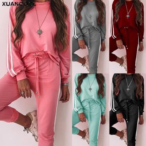 XUANCOOL 2020 Two Piece Set Women Tracksuit Clothes Satin Side Striped Top and Pants Set Casual Streetwear Clothes Ropa De Mujer