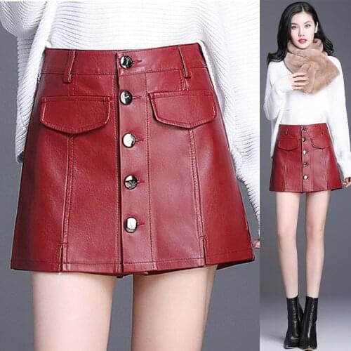 Winter Fall 2018 New Female Ladies Buttons Wine Red Black Pu Leather Shorts Skirt , Women Slim 4xl Single Breasted Casual Shorts