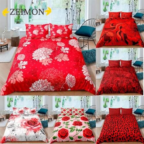 ZEIMON 3D Red Bedding Sets XMAS Duvet Cover Set Quilt Cover and Pillow Shams Rose Flower 2/3Pcs Christmas Design Bedclothes