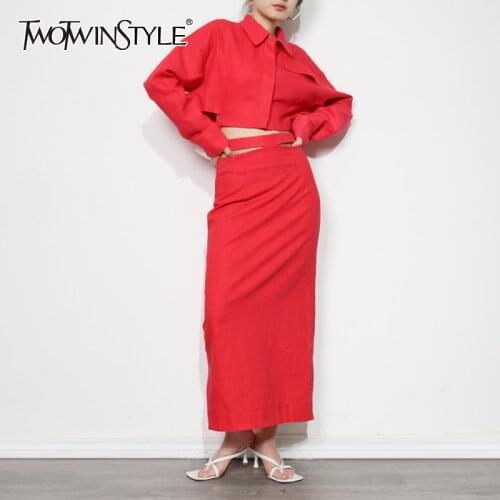 TWOTWINSTYLE OL Style Casual Two Piece Suit Women Lapel Long Sleeve Tops Waist Cut Out Back Split Skirts Female Sets Fashion