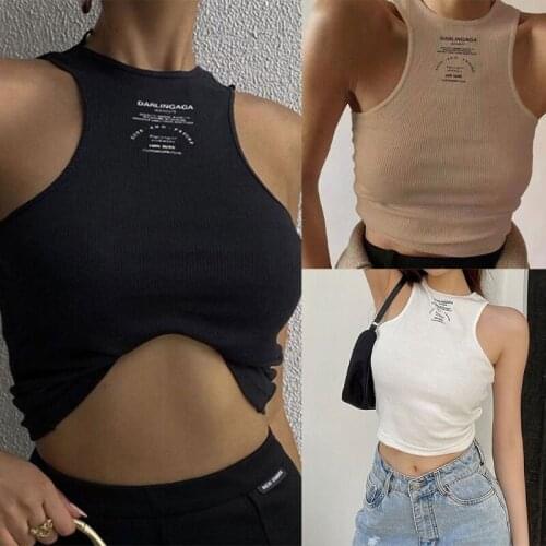 Women Summer Sleeveless O-Neck Crop Tank Top Harajuku Letters Print Ribbed Knit Slim Mini Vest Sexy Racerback Streetwear