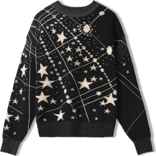 Runway Fashion Autumn Winter Womens Black Sweaters Stars Jacquard Design Loose Jumper Knitwear Ladies Clothes Pullovers Top