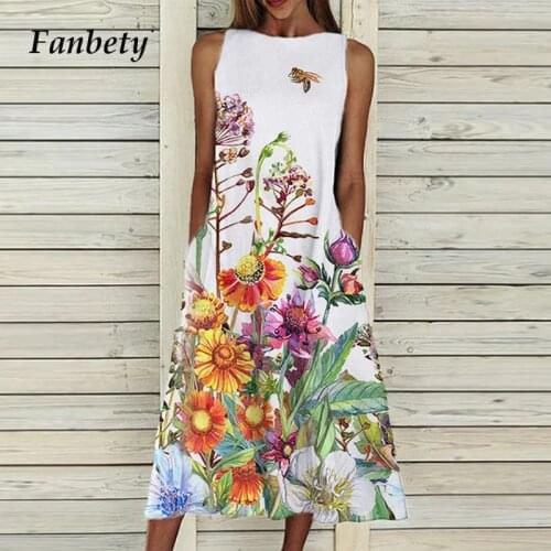 2021 Women Elegant Floral Print Long Dress Fashion O Neck Sleeveless A-Line Party Dress Vintage Loose Female Beach Dress Vestido