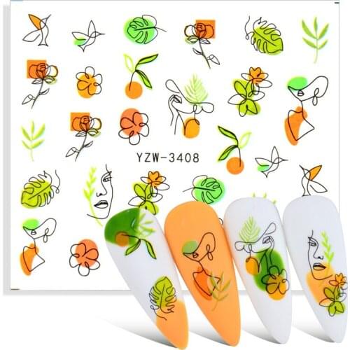 1 Sheet Abstract Lady Face Nail Decals Water Green Leaf Flower Sliders Paper Nail Art Decor Sticker DIY Manicure Accessories