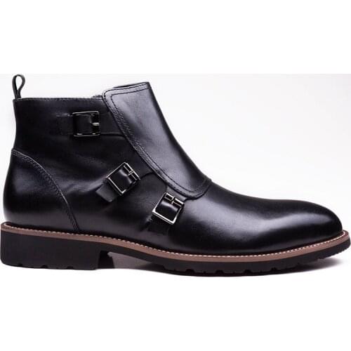 Luxury Brand Buckle Side Zip Mens Ankle Boots Genuine Leather Handmade Vintage Wine Red Italian Wedding Dress Boots Shoes Men