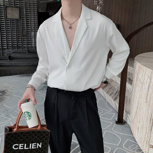 British Autumn Simple Design Abstinence Suit Collar Long-sleeved Solid Color Double Breasted Shirt Mens Fashion Shirts For Men