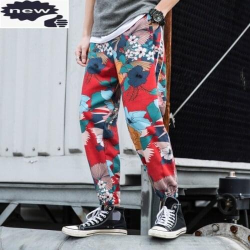 Fashion Ethnic Style Printed Flower Harem Pants Men Loose Personality Casual Sweatpants Male Harajuku Ankle Length Trousers New