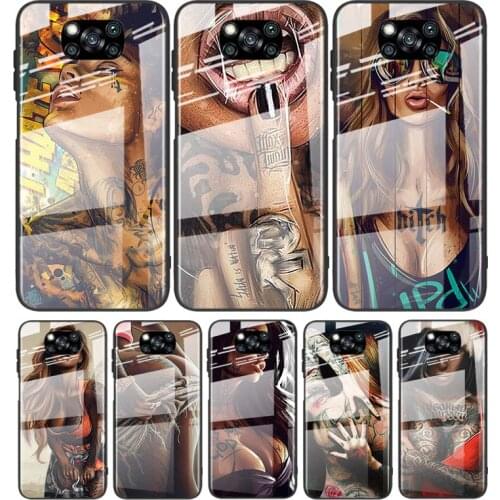 Tempered Glass Cover Luxury Sexy Sleeve Tattoo Girl For Xiaomi Mi POCO F3 F2 X3 NFC X2 M2 Pro Shockproof Shell Phone Case