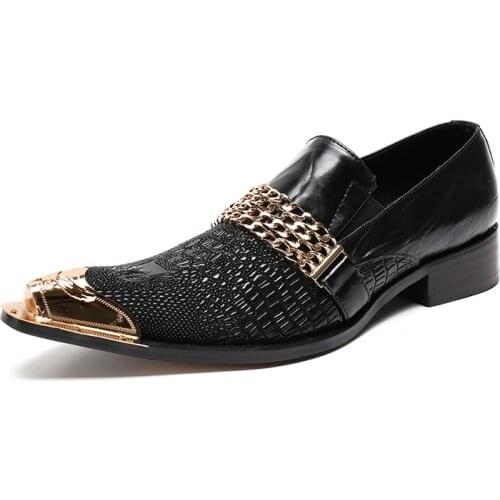 Black mens shoes with gold metal toe gold chain luxurious glitter wedding dress shoes Evening Party Hairdress Sexy men Shoes