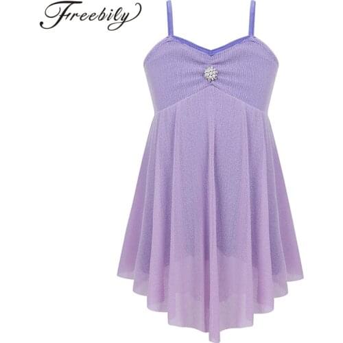 Kids Girls Spaghetti Straps Floral Rhinestone Shorty Unitard Gymnastics Dress for Skating Modern Ballet Lyrical Dance Costumes