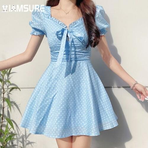 IAMSURE Hollow Out Bandage Summer Dress Casual Short Puff Sleeve Square Collar Dot A-Line Mini Dresses For Women 2021 Vintage