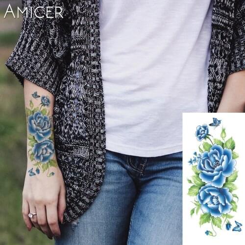 1 piece flash henna tattoo fake temporary tattoos stickers sexy blue rose flowers arm shoulder tattoo waterproof women on body