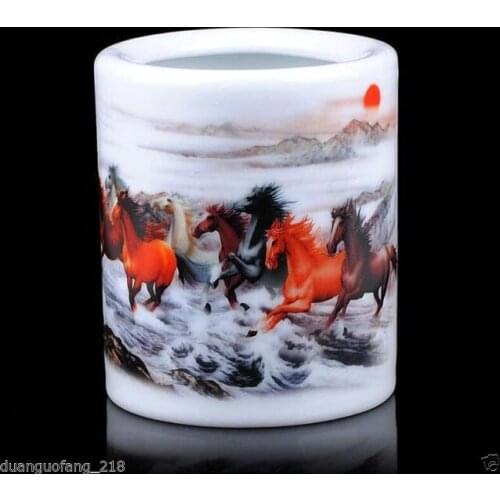 Exquisite Chinese Old Collectible Handwork Painting Running Horse Porcelain Brush Pot