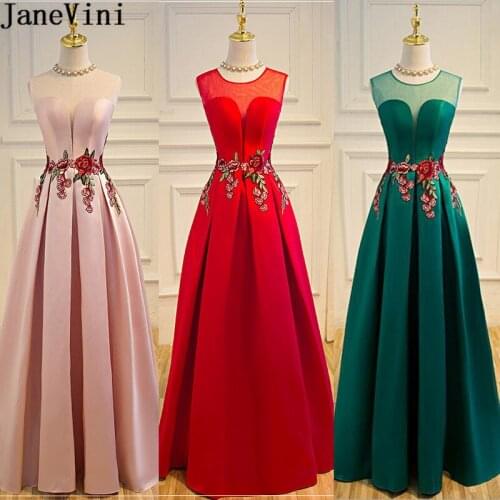 JaneVini Vintage Illusion Prom Dress With Embroidery Appliques Satin Wedding Party Dresses Bridesmaids Long Gown Robe Demoiselle
