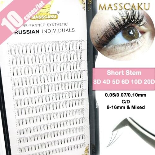 MASSCAKU 10cases/lot 3D-20D Premade Volume Fans Short Stem Lash Russian Volume Professional Faux Mink Eyelash Extensions
