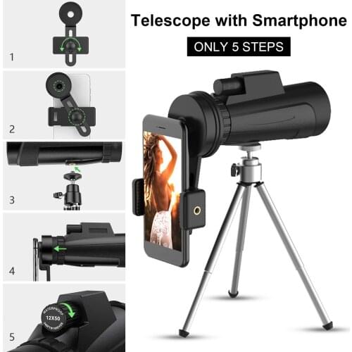 12X50 HD Monocular Telescope waterproof anti-fog Night Vision Monocular two-in-one focusing with Tripod and Smartphone Holder