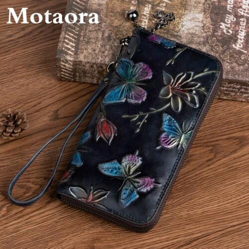 MOTAORA 2021 New Genuine Leather Women Wallet Vintage Embossed Long Purse For Women Hand Painted Butterfly Wallet ID Card Holder