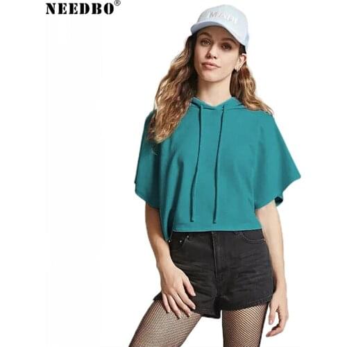 NEEDBO Sexy Crop Top t shirt Women Solid Print Casual Summer Tshirts for Women Slim Dancing Cropped Tops Hooded Tee Shirt Femme