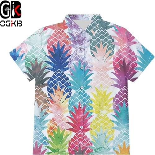 OGKB Watercolor Pineapple Hawaiian 3d Print Button Shirt Short Sleeve Men/women shirt Slim Fit Hip Hop Streetwear Oversized