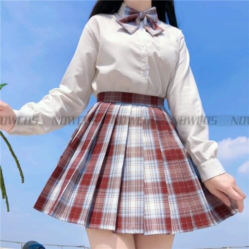 [Ponyo] Girls Short/Long Sleeve High Waist Pleated Skirts Plaid Skirts Women Dress For JK School Uniform Students Uniform Suit