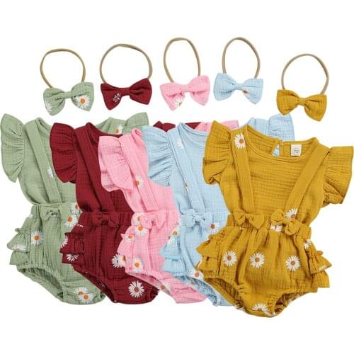 3 Pcs Baby Girls Casual Outfits, Solid Color Fly Sleeve Round Neck Pullover + Daisy Print Suspender Pants + Bowknot Headband