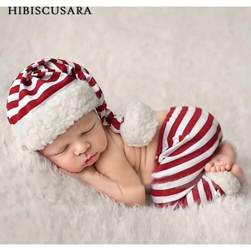 Xmas Baby Photo Clothing White&Red Striped Infant Santa Outfit Fleece Long Tail Hat + Pants Suit Christmas Theme Photo Props