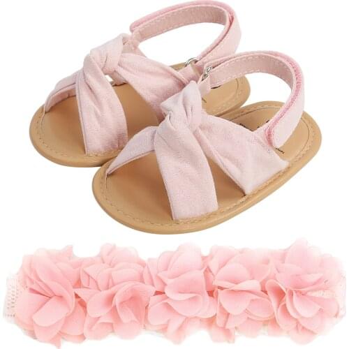 Summer New Baby Girls Sandals Toddler Girls Flower Sandals Shoes Soft Casual Non-Slip First Walkers+Headband 2PCS Set