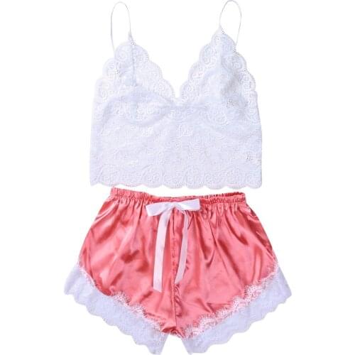 Sexy Women pajamas Set Lace Sleeveless Top Silk Short Underwear Sleepwear Set Summer For Women