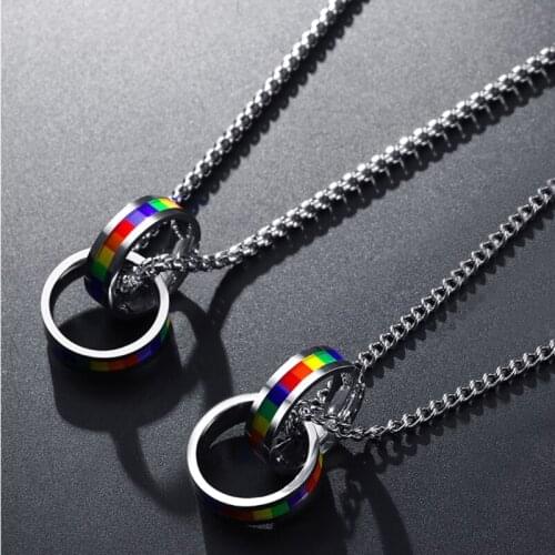 Stainless Steel Jewelry Unisex Love Pride Gay Lesbian Flag Pendant Rainbow Double Rainbow Rings Lovers Pendant Necklace