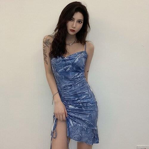 Europe and the United States 2021 imitation jeans creative printing pleated suspender dress womens slim fishtail skirt summer