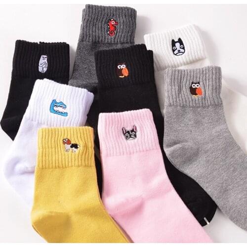 Womens Animal Embroidery Warm Socks Lovely Fun French Bulldog Cotton Knitted Socks Designer Socks