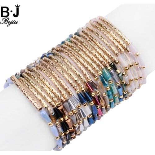 BOJIU Trendy Faceted Pear-shape Crystal Beads Customized Bracelets For Women Adjustable Gold Copper Tube Bracelet Bijoux BC342