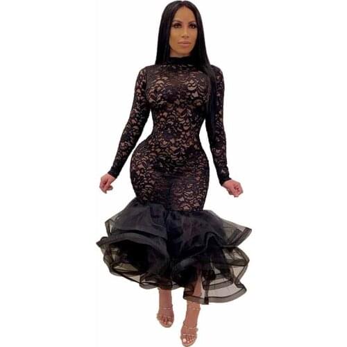 2020 Spring Lace Women Dress Long Sleeve Hollow Out Party Night Clubwear Outfit Solid Color Dress