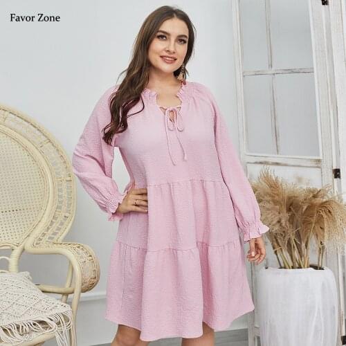 Womens Plus Size Pink Mini Elegant Dresses Winter Autumn Sexy Bandage V-neck Long Ruffles Sleeve Casual Loose Solid Color Dress