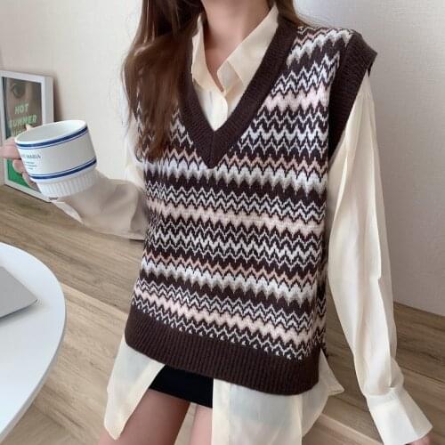 School Students Girl Cute Knitted Sweater Vest V-neck Vintage Pullover Vest Fashion Soft Korean Style Loose Sleeveless Tank Tops