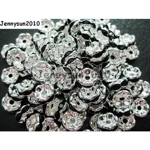 200pcs/lot 10mm Top Quality Czech Jet Black Crystal Rhinestone Pave Wavy Rondelle Metal Sliver Plated Spacer Loose Beads Jewelry