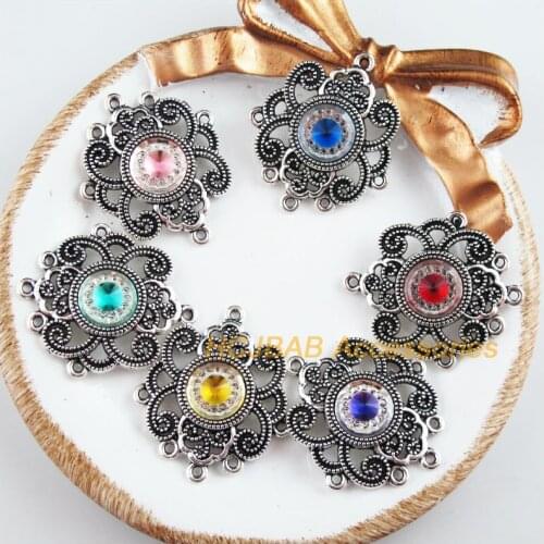 6Pcs Tibetan Silver Tone Flower Retro Mixed Resin Charms Connectors 27.5x31.5mm