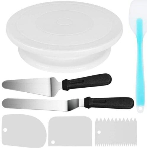 8Pcs Revolving Cake Stand Cake Turntable Icing Spatula Icing Smoother Silicone Spatula and Cake Server Cutter