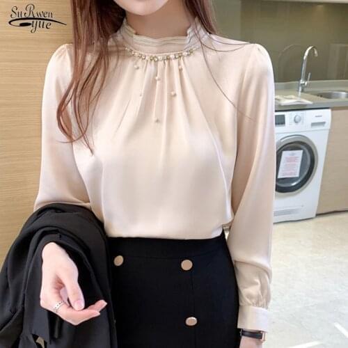 Blusas Mujer De Moda 2021 Fall Long Sleeve Blouse Women Beading Stand Collar Chiffon Blouse Shirt Top Women Clothes Blusa 16229
