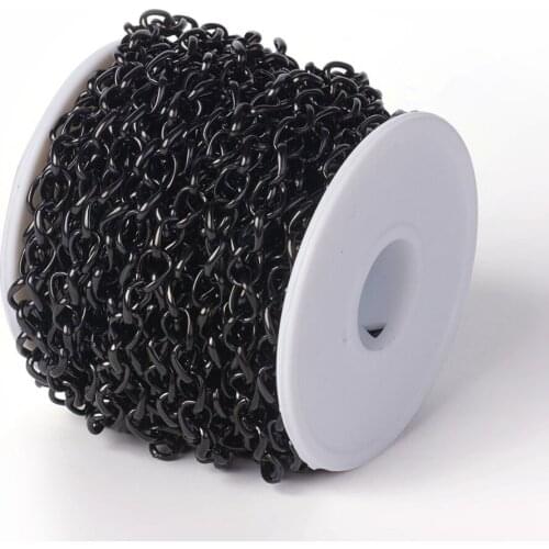 Stainless Steel Side Twisted Chains Soldered Electrophoresis Black Curb Chain for Jewelry Making Necklace with Spool 9x6x2mm 10m