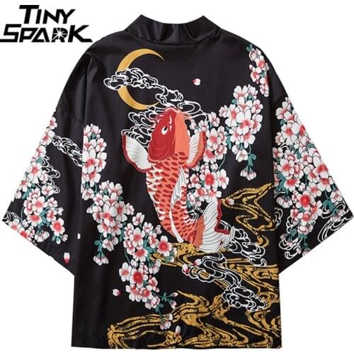 Harajuku 2020 Japanese Kimono Jacket Koi Fish Printed Hip Hop Men Japan Style Streetwear Jacket Summer Thin Clothes Loose Kimono