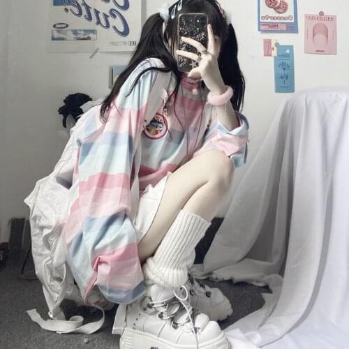 Harajuku Long Sleeve T Shirt girl Christmas Topspring autumn embroidery stripe Tops Tee Women full Sleeve T-shirt Casual Female