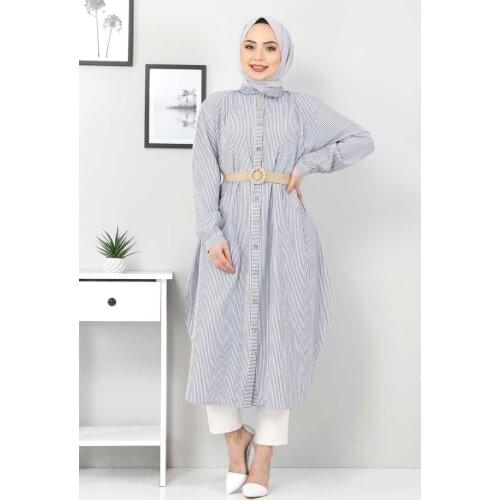 Hasır Kemerli Çizgili Tunik TSD2912 Lacivert