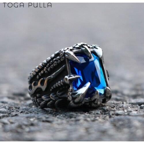 Retro Punk Blue Stone Dragon Claw Ring Stainless Steel Cocktail Party Ring Big Stone Ring For Men And Women Size 7-15